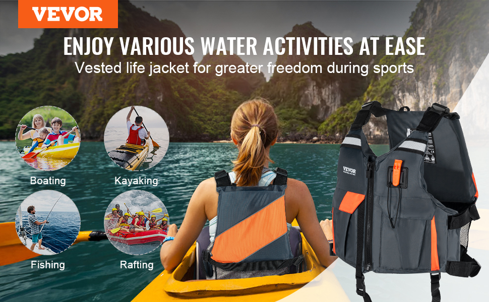 VEVOR life vest for kayaking, boating, fishing, and rafting, providing greater freedom during sports.