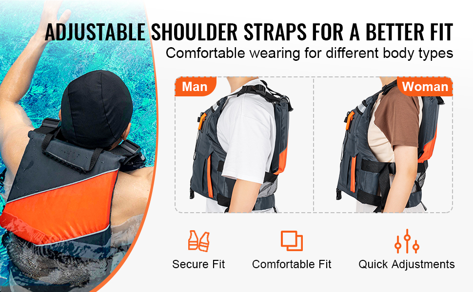 adjustable shoulder straps on VEVOR life vest for secure, comfortable fit for men and women in water.