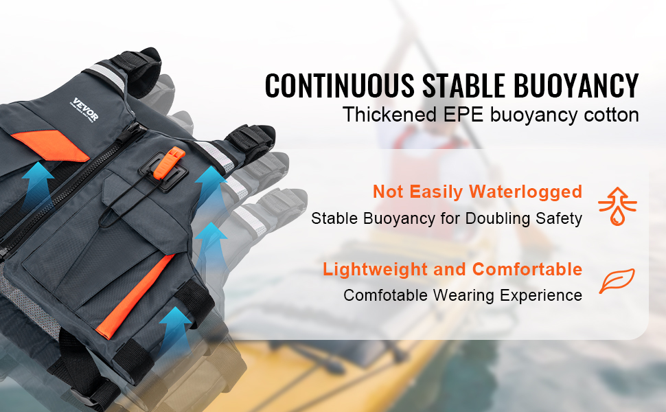 VEVOR life vest with orange accents, highlighting continuous stable buoyancy, lightweight, and comfort.