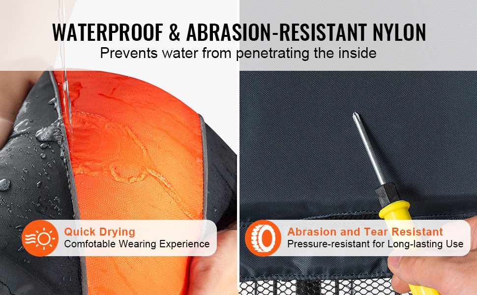 waterproof and abrasion-resistant VEVOR life vest, showcasing quick drying and tear resistance.