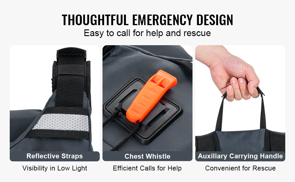 VEVOR watersports life vest with reflective straps, chest whistle, and auxiliary carrying handle.