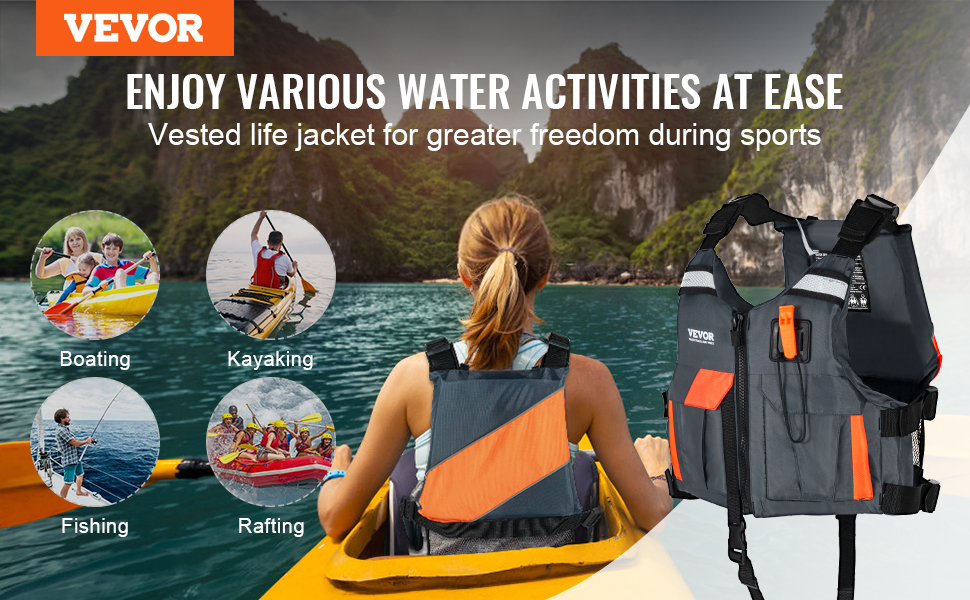 VEVOR life vest for various water activities like boating, kayaking, fishing, and rafting with mountain view.