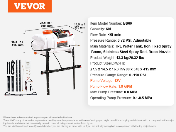 VEVOR atv spot sprayer with 60l tank, adjustable psi, tpe water tank, stainless steel rod, and 12v pump.