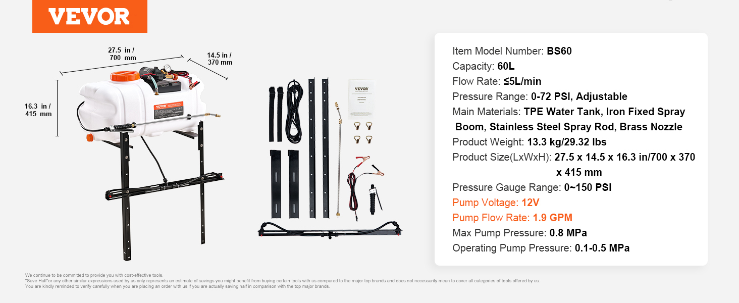 VEVOR atv spot sprayer with 60l tank, adjustable psi, tpe water tank, stainless steel rod, and 12v pump.