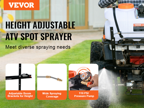 VEVOR atv spot sprayer on lawn with adjustable boom brackets, wide spraying, and 116 psi pressure pump.