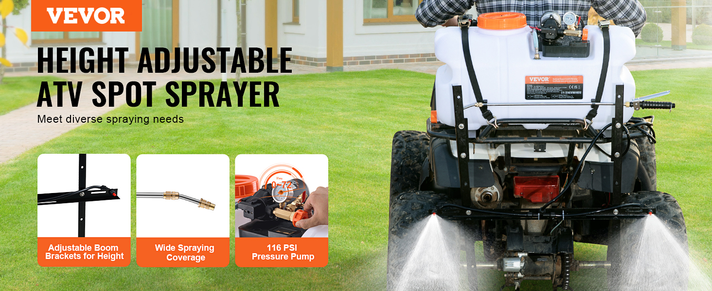 VEVOR atv spot sprayer on lawn with adjustable boom brackets, wide spraying, and 116 psi pressure pump.