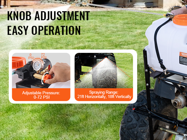 VEVOR atv spot sprayer with adjustable pressure knob, 21ft horizontal, 18ft vertical spraying range.