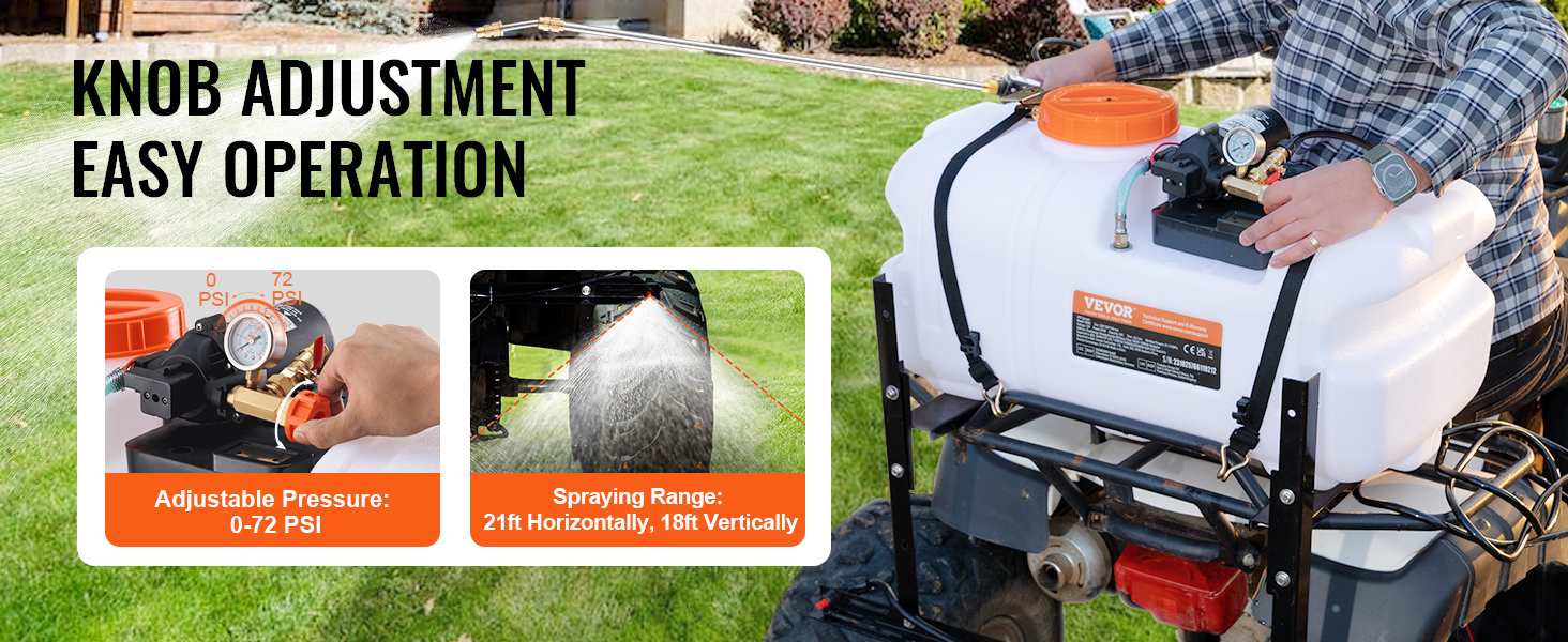 VEVOR atv spot sprayer with adjustable pressure knob, 21ft horizontal, 18ft vertical spraying range.