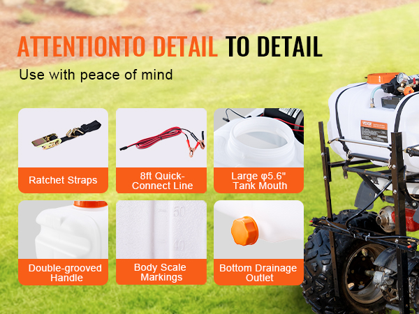 atv sprayer with VEVOR tank, ratchet straps, 8ft quick-connect line, large tank mouth.