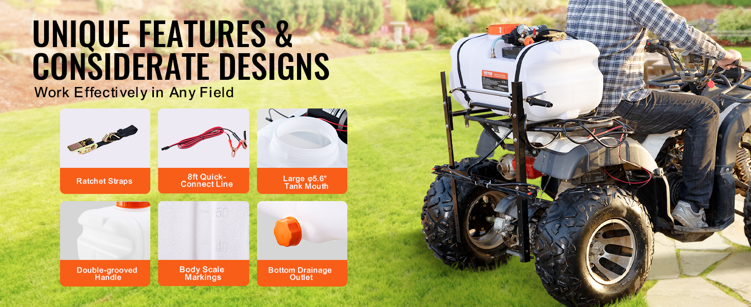 atv sprayer with VEVOR tank, ratchet straps, 8ft quick-connect line, large tank mouth.
