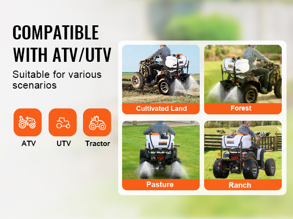 VEVOR atv spot sprayer compatible with atv/utv, ideal for cultivated land, forest, pasture, and ranch.
