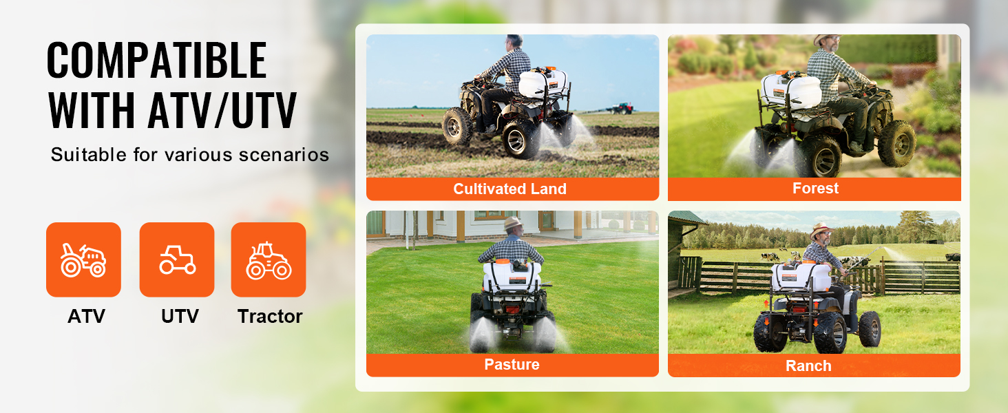 VEVOR atv spot sprayer compatible with atv/utv, ideal for cultivated land, forest, pasture, and ranch.