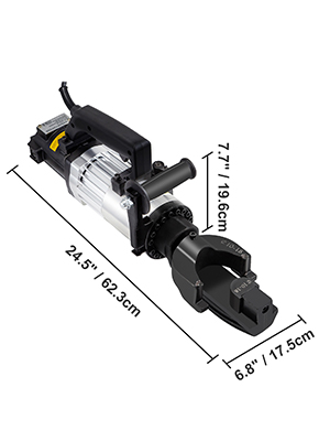 VEVOR electric rebar bender, 24.5" x 6.8", with dimensions labeled in inches and cm.