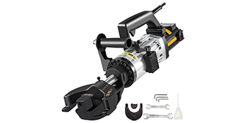 VEVOR electric rebar bender with accessories arranged on a white background.