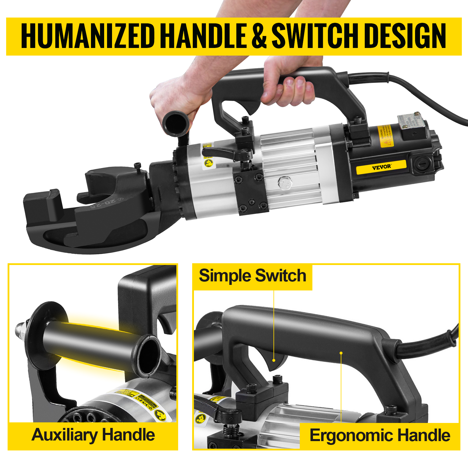 VEVOR electric rebar bender with ergonomic handle, simple switch, and auxiliary handle.