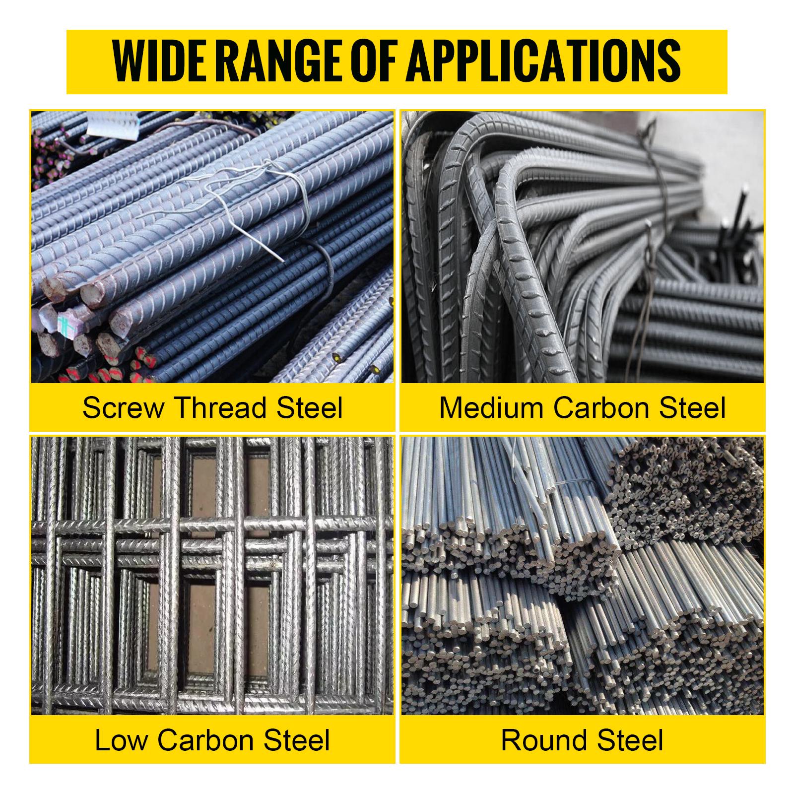 VEVOR electric rebar bender applications: screw thread steel, medium and low carbon steel, round steel.