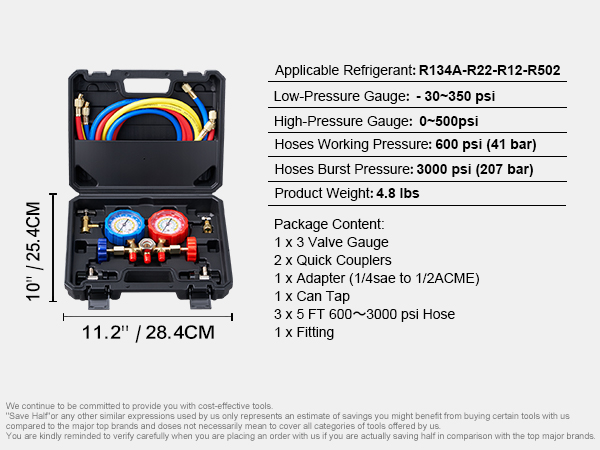 VEVOR ac gauge set with hoses, quick couplers, adapters, and a carrying case for refrigerants r134a, r22, r12, r502.