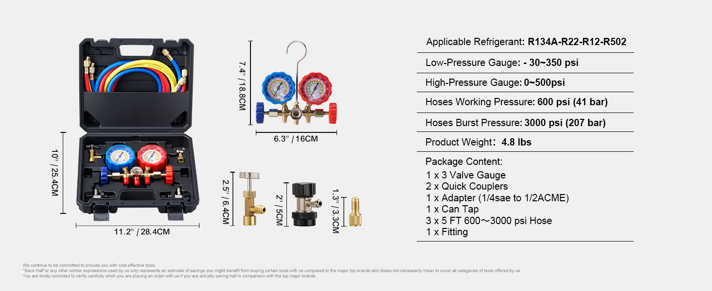 VEVOR ac gauge set with hoses, quick couplers, adapters, and a carrying case for refrigerants r134a, r22, r12, r502.