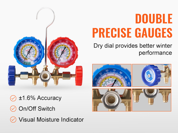 du kartus tiksliai VEVOR ac indikatorius nustatyti su mėlynos ir raudonos spalvos ciferblatai, on/off jungiklis ir vaizdo drėgmės indikatorius.