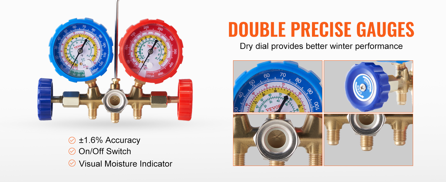 du kartus tiksliai VEVOR ac indikatorius nustatyti su mėlynos ir raudonos spalvos ciferblatai, on/off jungiklis ir vaizdo drėgmės indikatorius.