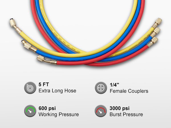 VEVOR ac indikatorius rinkinys su 5 pėdų ilgio žarnos, 1/4" female sankabos, 600 psi darbinis slėgis, 3000 psi sprogo.