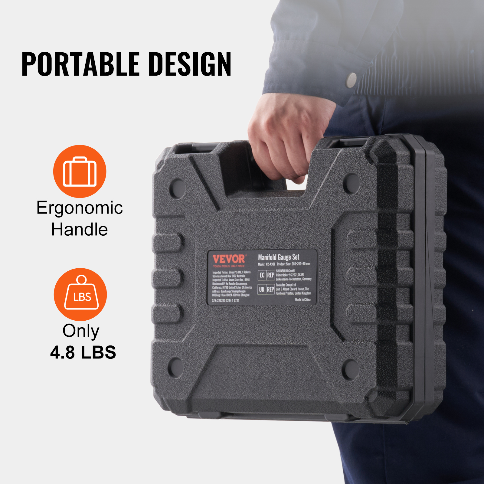 VEVOR ac gauge set in ergonomic carrying case with handle, labeled "only 4.8 lbs" for portability.