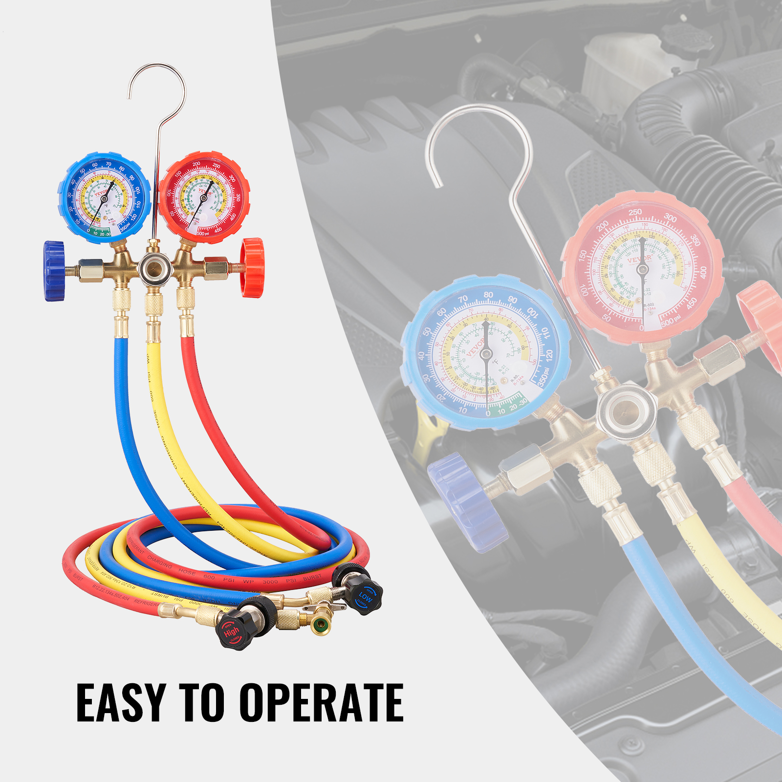 VEVOR ac gauge set with blue, red, and yellow hoses and easy-to-operate knobs in front of a car engine.