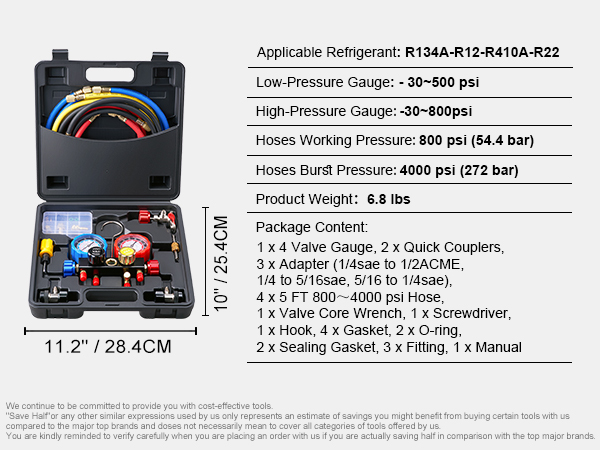 VEVOR ac manifold gauge set with hoses, adapters, and valve core wrench in a black case.