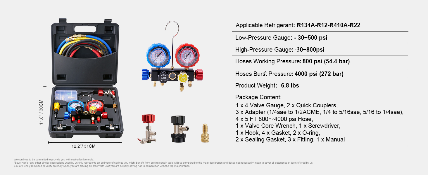 VEVOR ac manifold gauge set with hoses, adapters, and valve core wrench in a black case.