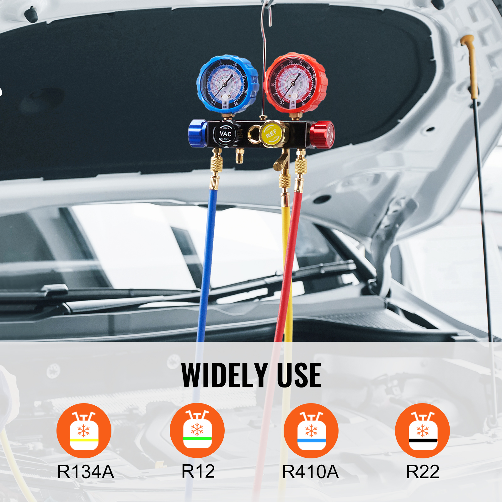 VEVOR ac manifold gauge set with blue, red gauges and hoses, suitable for r134a, r12, r410a, r22.