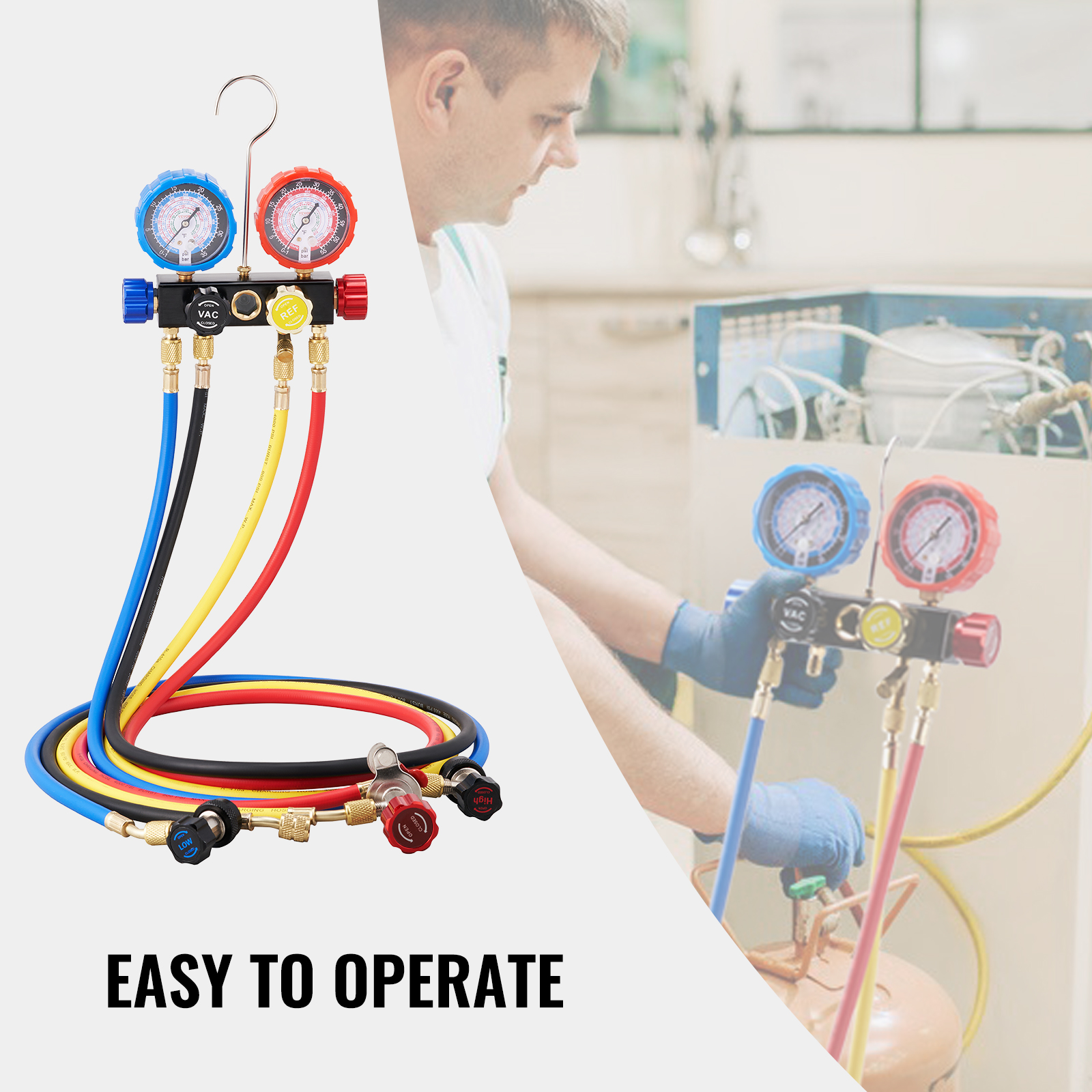 VEVOR ac manifold gauge set with colored hoses, dual gauges, and easy-to-read display shown in use.
