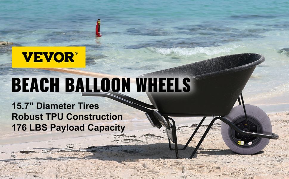 VEVOR beach balloon wheels on a wheelbarrow with 15.7" diameter tires by the ocean.