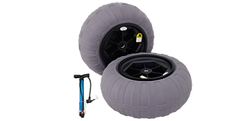 VEVOR beach balloon wheels with manual air pump for easy inflation, two sturdy grey wheels.