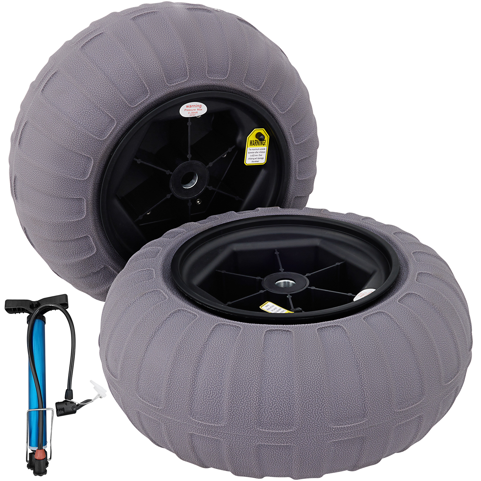 two VEVOR beach balloon wheels with a hand pump included.