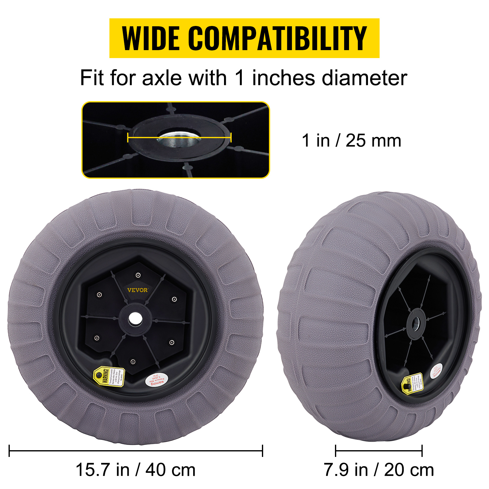 VEVOR beach balloon wheels fit 1-inch axles, 15.7-inch diameter, 7.9-inch width. wide compatibility.