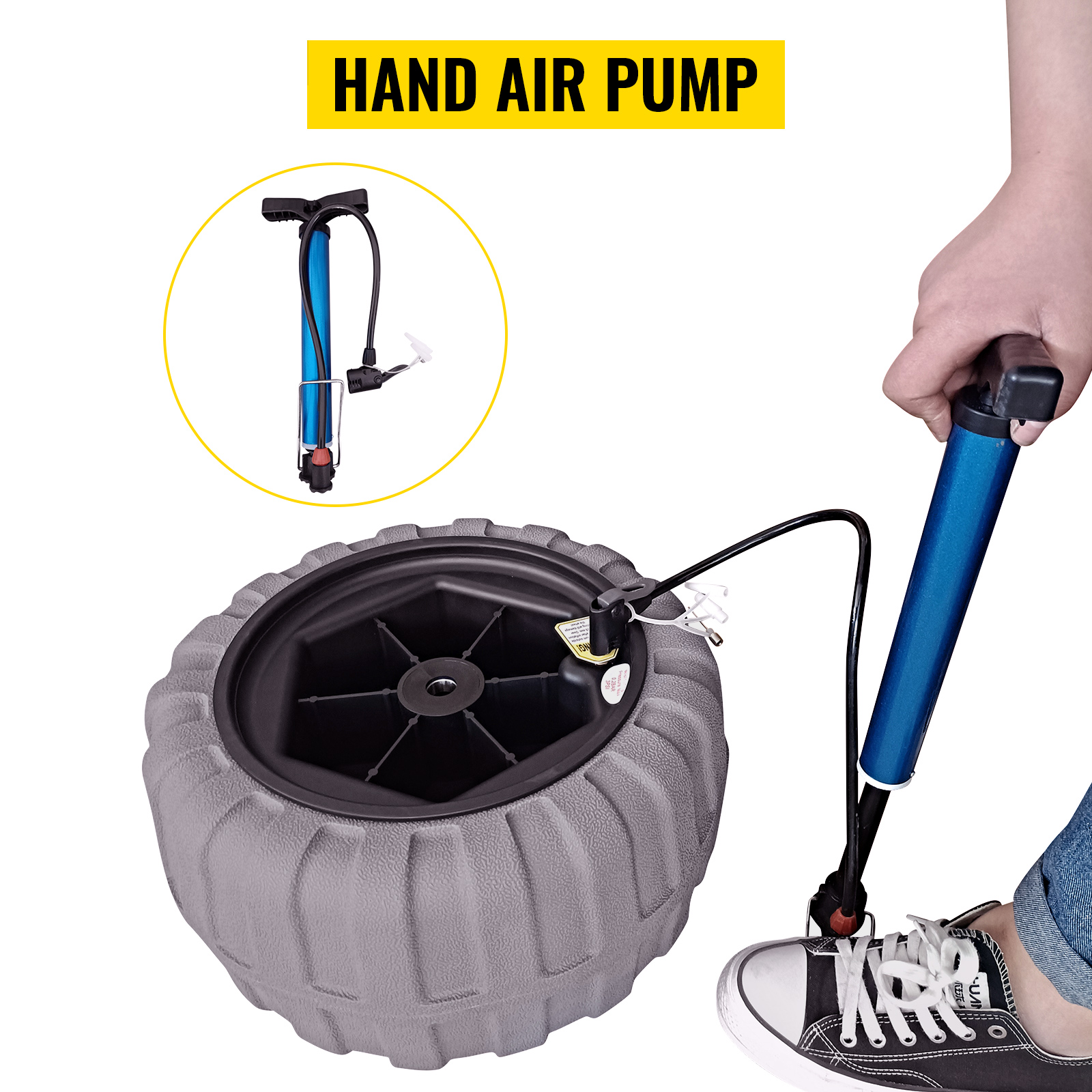 hand air pump inflating VEVOR beach balloon wheels with a foot stabilizing the pump.