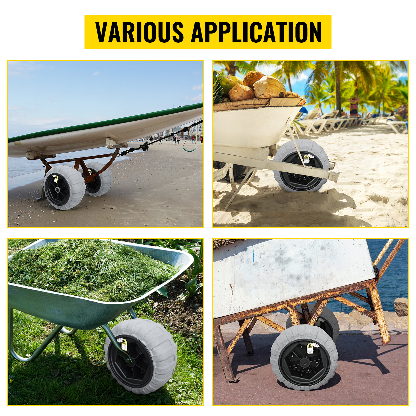 VEVOR beach balloon wheels: versatile uses for boats, carts, and wheelbarrows on sand, grass, and concrete.