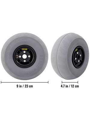 VEVOR beach balloon wheels, 9-inch diameter and 4.7-inch width, black hub, gray tire.