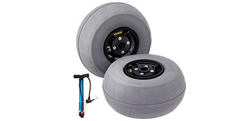 two VEVOR beach balloon wheels with a blue air pump in the background.