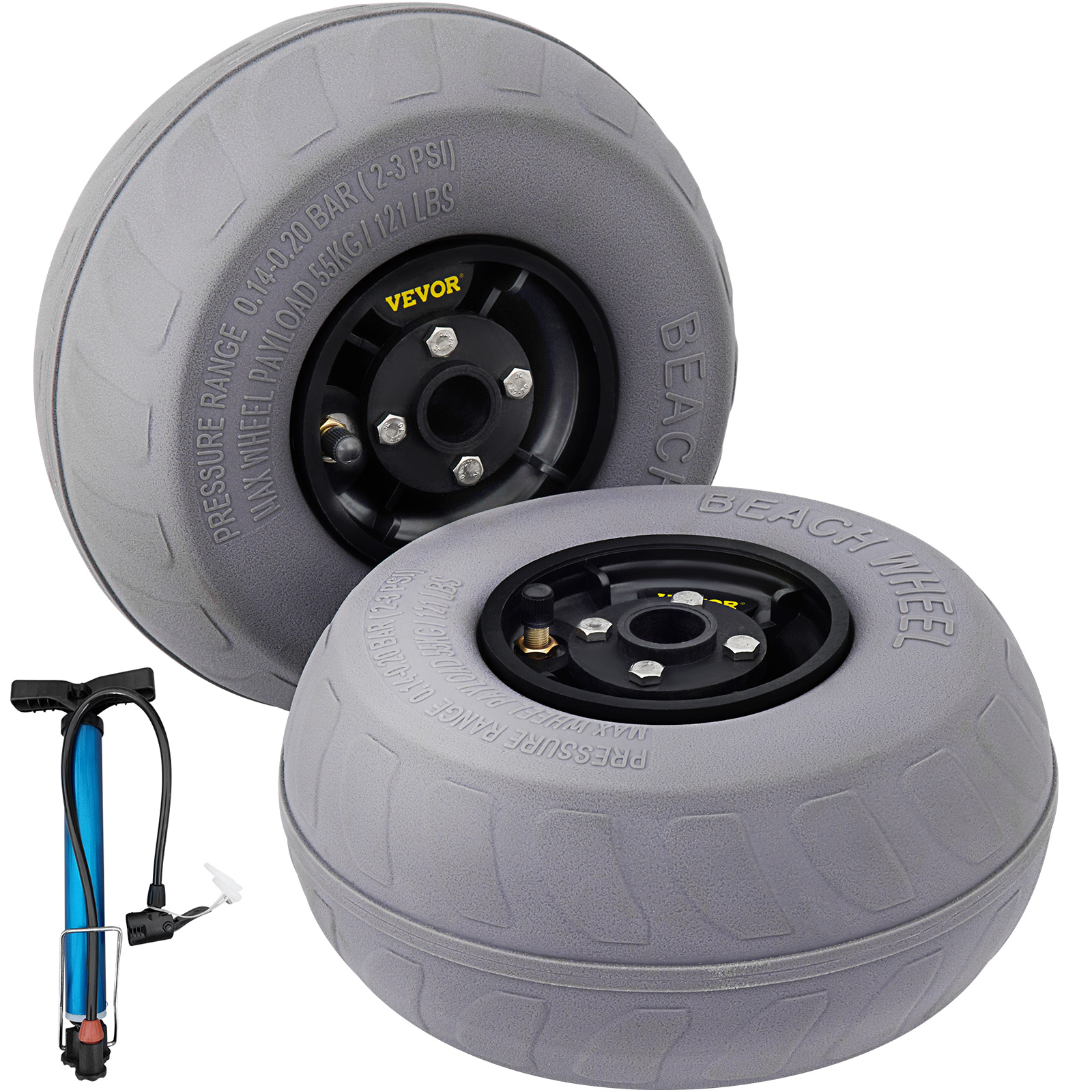 VEVOR beach balloon wheels with hand pump, showcasing durable treads and metallic hubs.