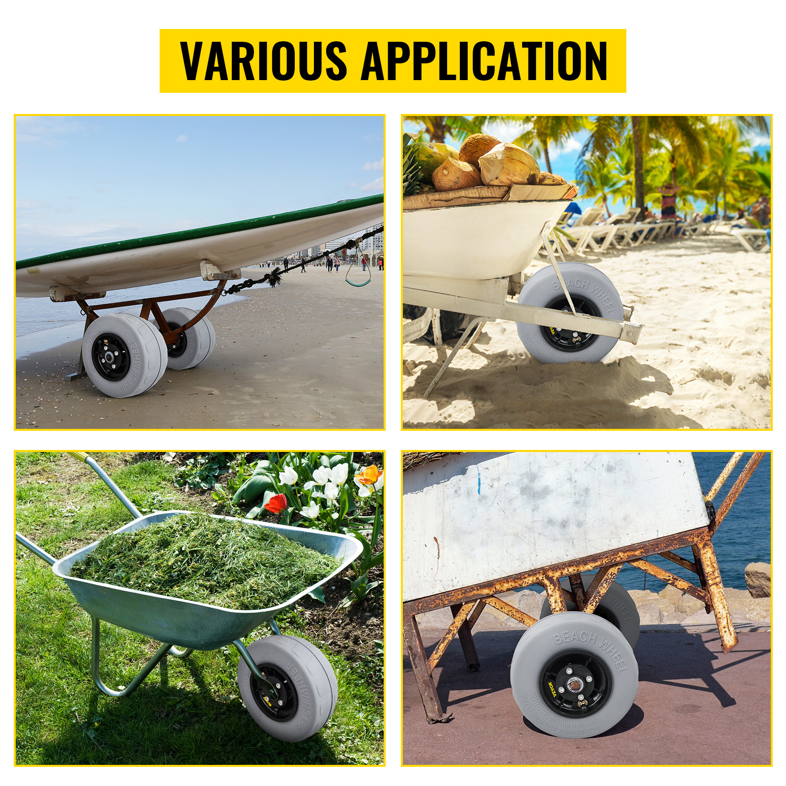 VEVOR beach balloon wheels on a boat, cart, wheelbarrow, and trailer in various outdoor settings.