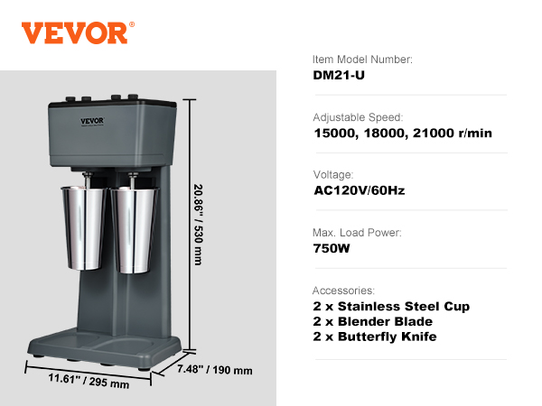 VEVOR milkshake maker dm21-u with dual stainless steel cups, 750w, ac120v/60hz, adjustable speed options.