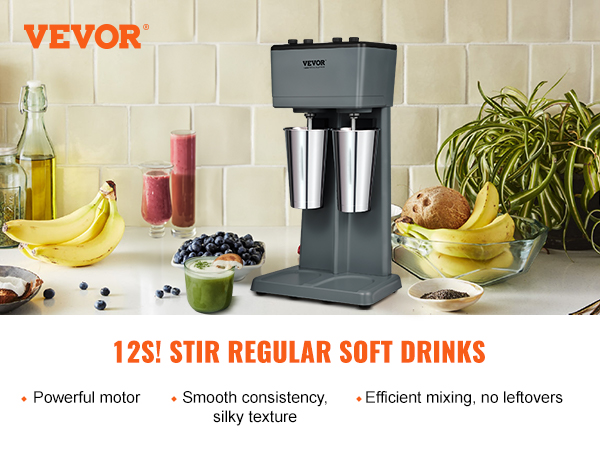 VEVOR milkshake maker in kitchen with fruits and beverages, promoting powerful motor and efficient mixing.