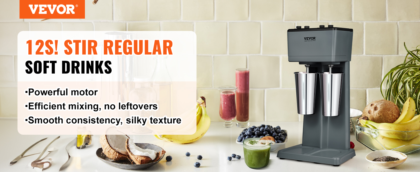 VEVOR milkshake maker in kitchen with fruits and beverages, promoting powerful motor and efficient mixing.