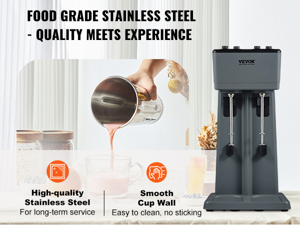 VEVOR milkshake maker with food-grade stainless steel and smooth cup wall for easy cleaning.