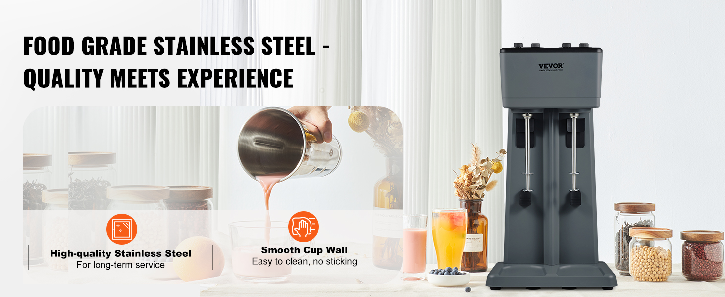 VEVOR milkshake maker with food-grade stainless steel and smooth cup wall for easy cleaning.