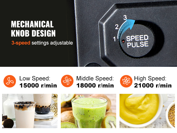 VEVOR milkshake maker featuring adjustable 3-speed mechanical knob: 15000, 18000, 21000 r/min.