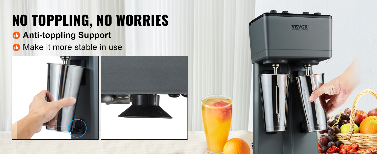 VEVOR milkshake maker with anti-toppling support for increased stability; hand inserting stainless steel cup.