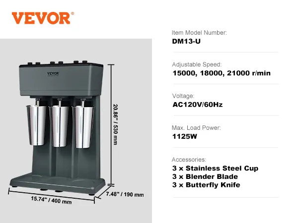 VEVOR milkshake maker, model dm13-u, with three stainless steel cups and adjustable speeds up to 21000 r/min.
