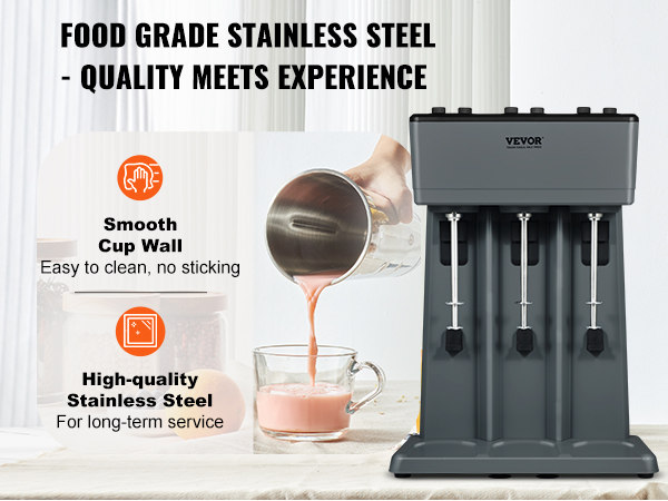 VEVOR milkshake maker, food-grade stainless steel, three-spindle design, easy-clean smooth cup wall.
